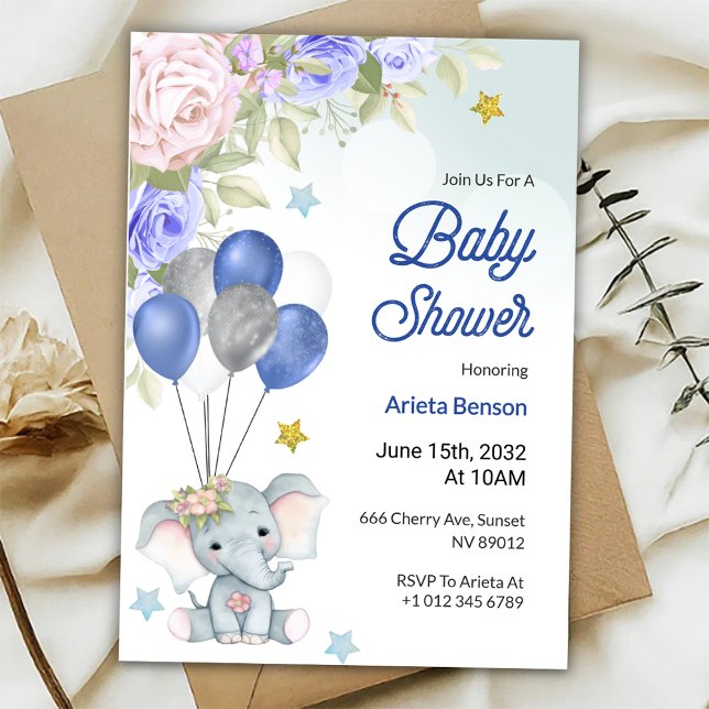 Baby shower invitation with a cute elephant  inbjudningar (Skapare uppladdad)