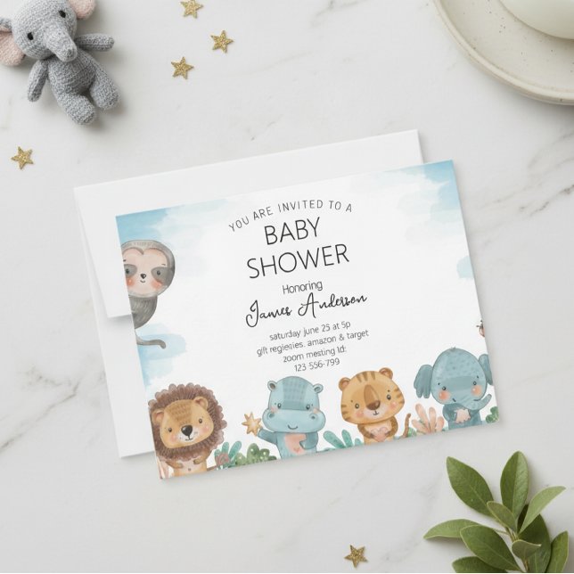 Baby Shower Invitation with Cute Watercolor Jungle Julkort (Skapare uppladdad)