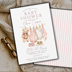 Baby Shower Klädstreck Rosa Flickig Babyfirande Inbjudningar