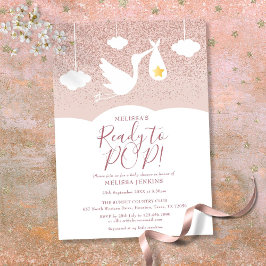 Baby Shower Klar att Spricka Stork Rosa Guld Glitt Inbjudningar