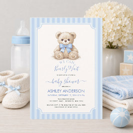 Baby Shower Knappt Väntat Nalle & Blå Ränder Inbjudningar