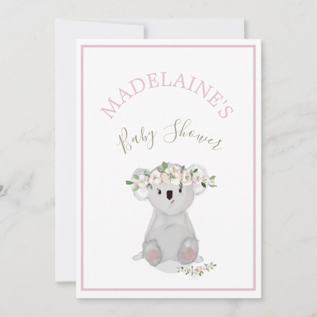 Baby Shower Koala Blommigt Rosa Inbjudningar (Framsida)
