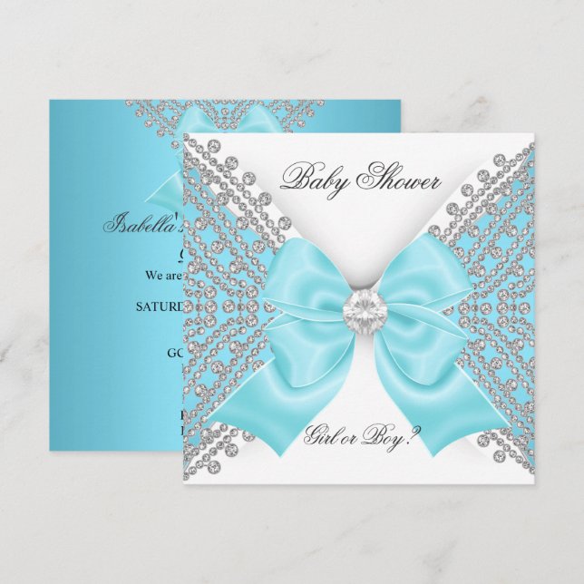 Baby Shower Köns Avslöjande Teal Blå Vit Inbjudningar (Fram/baksida)