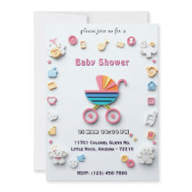 Baby shower-kort med barnvagn och söta ikoner