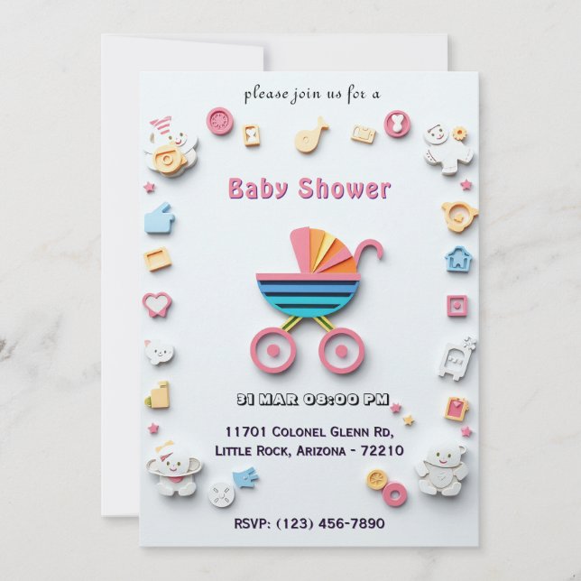 Baby shower-kort med barnvagn och söta ikoner inbjudningar (Framsida)