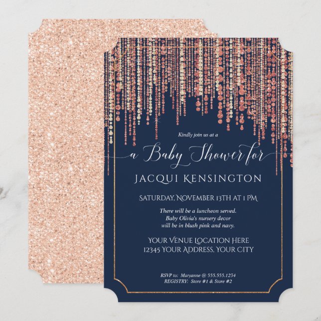 Baby Shower Lady Navy Fringe Ro Guld Glitter Inbjudningar (Fram/baksida)