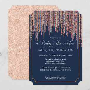 Baby Shower Lady Navy Fringe Ro Guld Glitter Inbjudningar