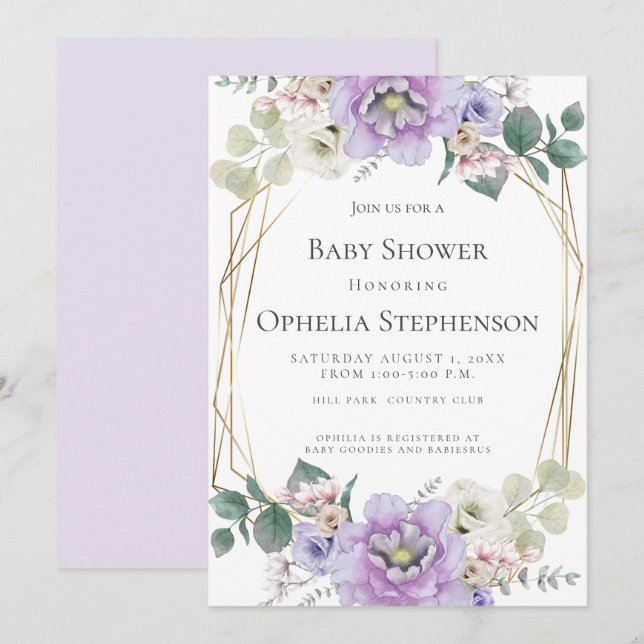 BABY SHOWER | Lavender Watercolor Flowers Inbjudningar (Fram/baksida)