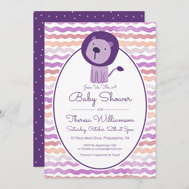 BABY SHOWER | Lejon inbjudan till Lila Watercolor (Fram/baksida)