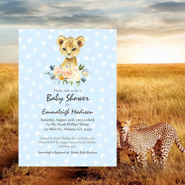 Baby Shower Lejonunge Blommig Blå Inbjudningar (Skapare uppladdad)