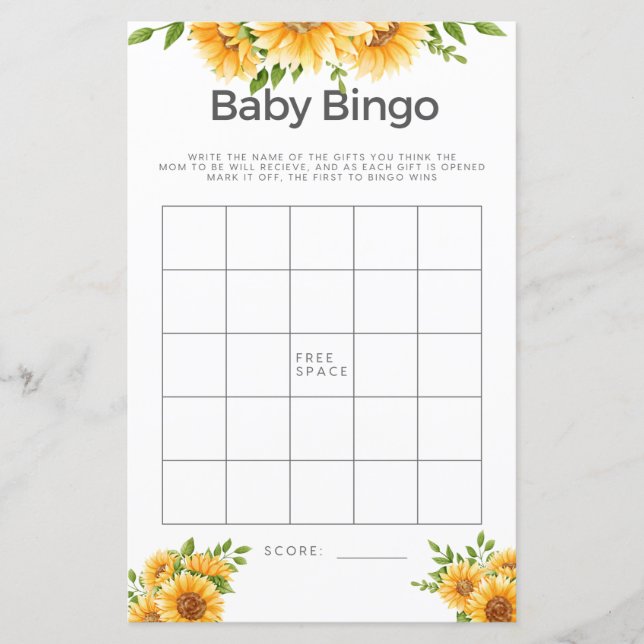 Baby Shower Lek Baby Bingo Gula Solrosor (Framsida)