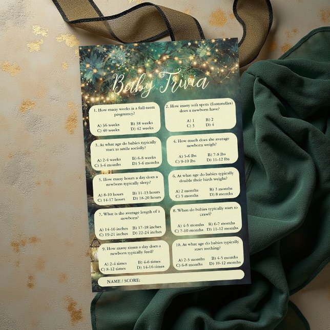 Baby shower-lek Trivia Förtrollad Skog Lyktor Flygblad (enchanted forest baby shower game trivia emerald green gold fairy lights lanterns magical woodland)
