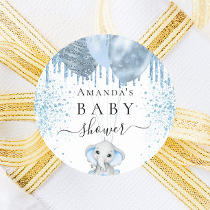 Baby Shower Light Blue glitter gullig elefant Runt Klistermärke