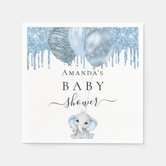 Baby Shower Light Blue glitter white elephant boy Pappersservett (Framsidan)