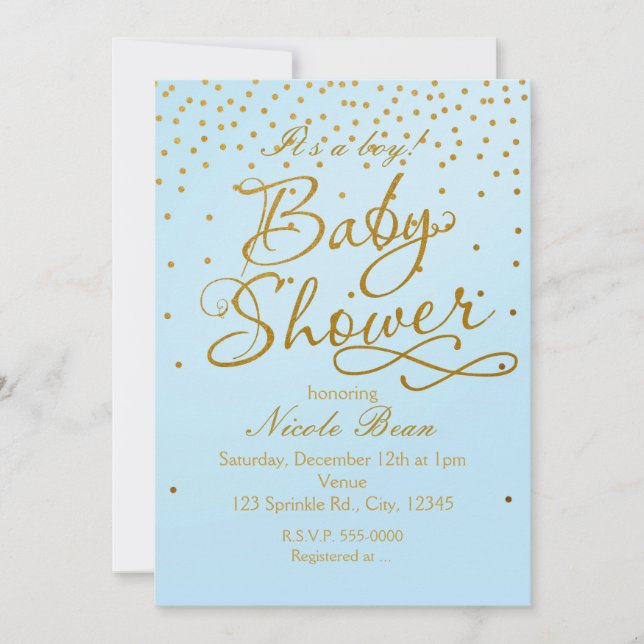 BABY SHOWER Light Blue & Guld Confetti-inbjudan Inbjudningar (Framsida)