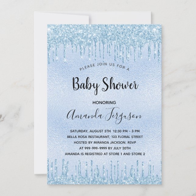Baby Shower light blue metall glitter droppar boy Inbjudningar (Framsida)