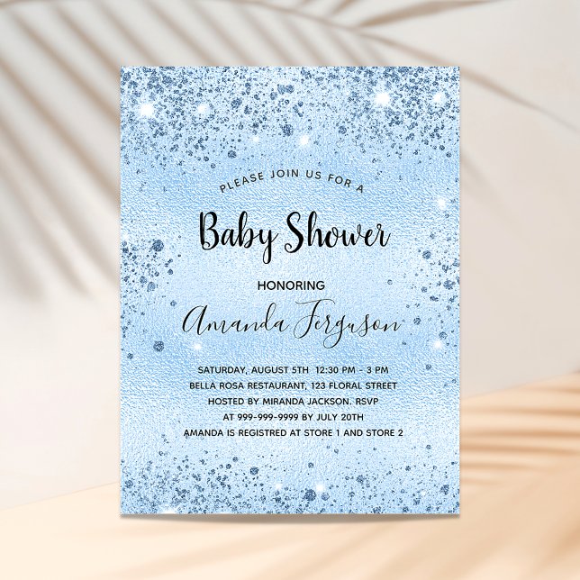 Baby Shower Light blue metall glitter-stoftpojke Inbjudan Vykort (Skapare uppladdad)