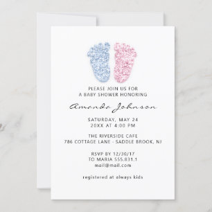 Baby Shower Light Blue Rosa Feet Glitter Boy Girl Inbjudningar