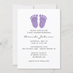 Baby Shower Lila Feet Glitter Dricks Boy Girl Inbjudningar
