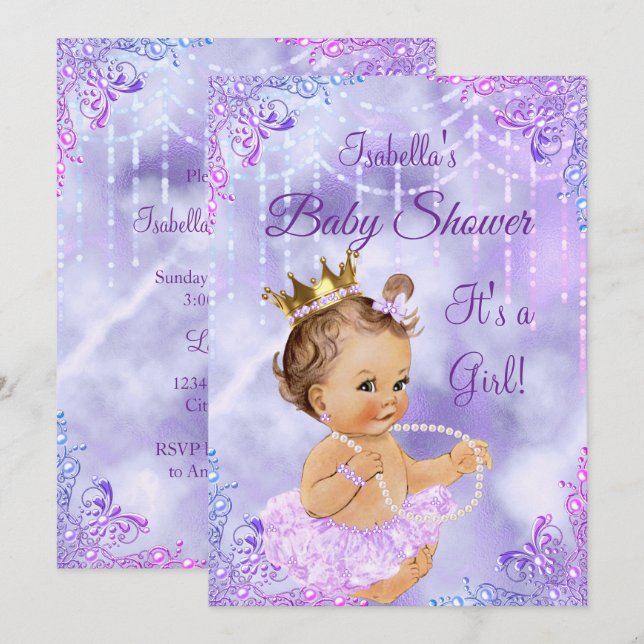Baby Shower Lila Lilac Pearl Brunette Inbjudningar (Fram/baksida)