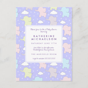 BABY SHOWER Lila Pastel Elephants vykort