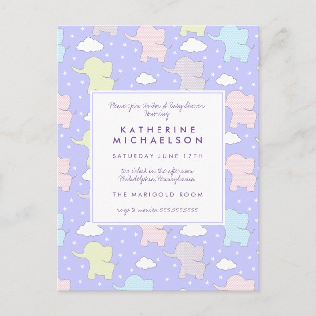 BABY SHOWER | Lila Pastel Elephants vykort (Framsida)
