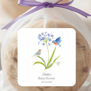 Baby Shower Lily med blåfågelmoder och baby Fyrkantigt Klistermärke