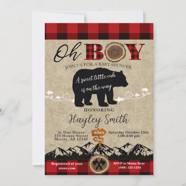 Baby Shower Little Bear Flella Lumberjack Theme Inbjudningar (Framsida)