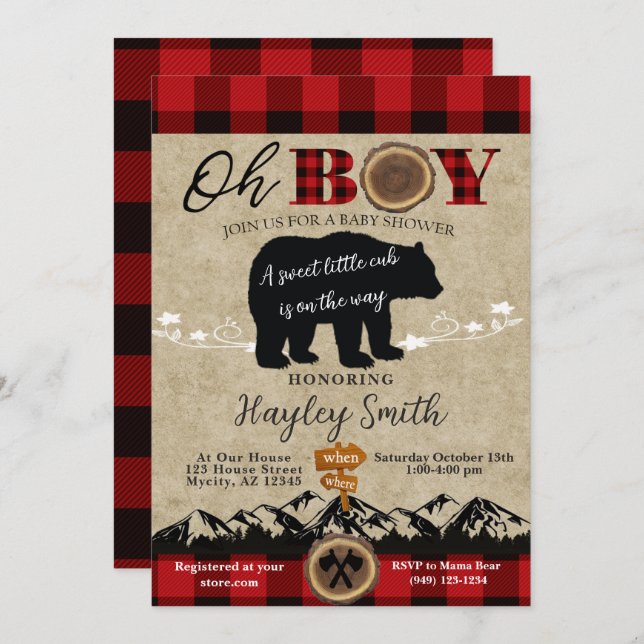 Baby Shower Little Bear Flella Lumberjack Theme Inbjudningar (Fram/baksida)