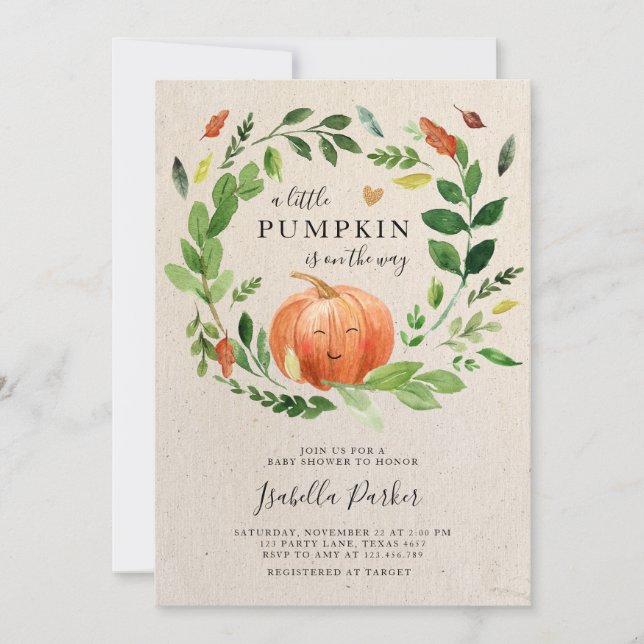 Baby Shower Little Pumpkin Fall Rustic Greenery Inbjudningar (Framsida)