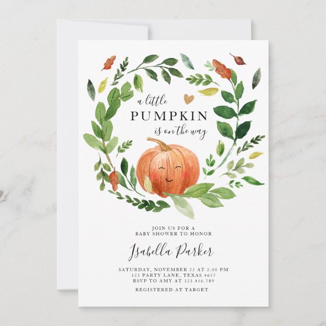 Baby Shower Little Pumpkin Fall Rustic Greenery Inbjudningar (Framsida)