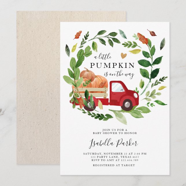 Baby Shower Little Pumpkin Lastbil Fall Greenery Inbjudningar (Fram/baksida)