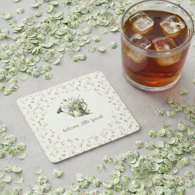 Baby Shower - "Little Sprout" Floral Underlägg Papper Kvadrat (Sweet garden baby shower drink coaster)