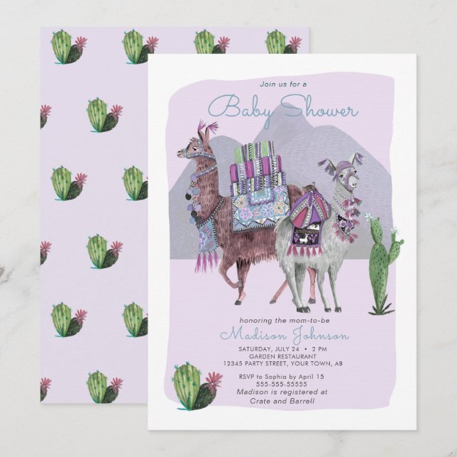 Baby Shower | Llamas & Cactus | Lilac-inbjudningar Inbjudningar (Fram/baksida)