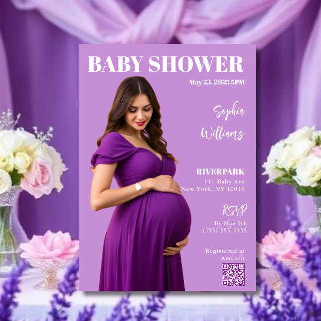 Baby Shower Magazine Cover Inbjudningar (Baby Shower Magazine Cover Invitation purple)