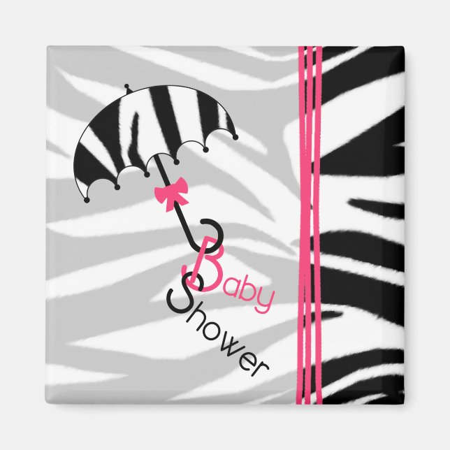 Baby Shower Magnet - Zebra tryck Umbrella & Rosa (Framsidan)