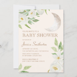 Baby Shower Måne Vit Blommig Gröna blad Inbjudningar