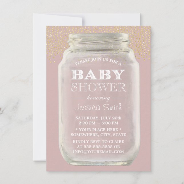Baby Shower Mason Burk Guld Confetti Dusty Rosa Inbjudningar (Framsida)
