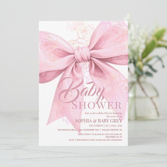 Baby Shower med rosaknuten  Inbjudningar (Stående Fram)