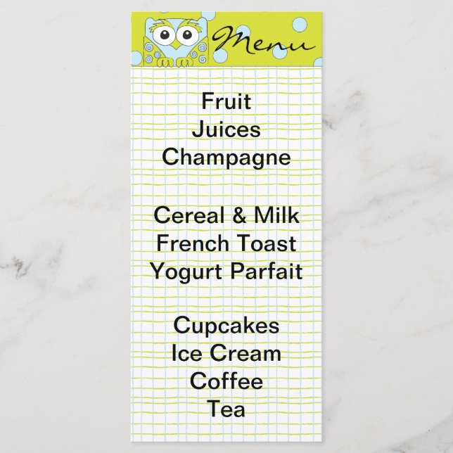 Baby Shower Menu "Blue Uggla" Meny (Framsida)