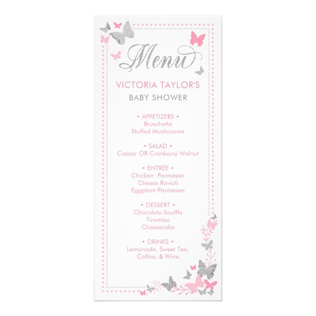 Baby Shower Menu, Butterflies Reklamkort (Framsidan)