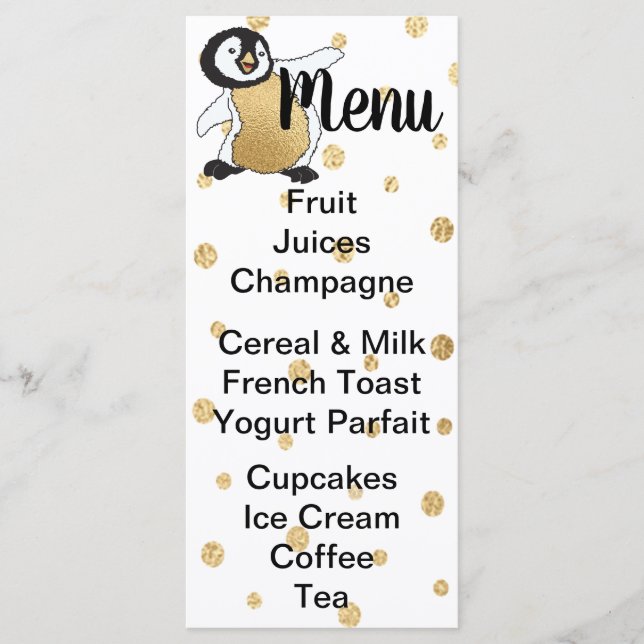 Baby Shower Menu "Guld Baby Penguin" Meny (Framsida)
