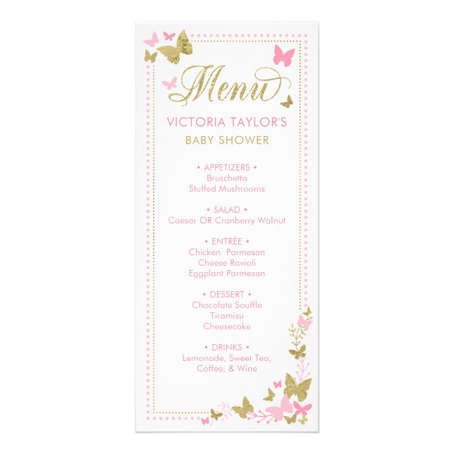 Baby Shower Menu med Butterflies Reklamkort (Framsidan)