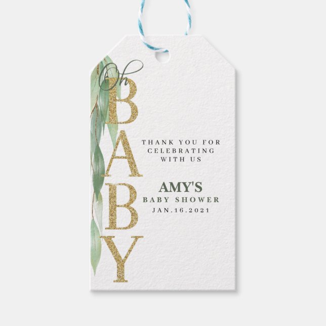 BABY SHOWER-MERKET|Tack|eukalyptus Presentetikett (Framsidan)