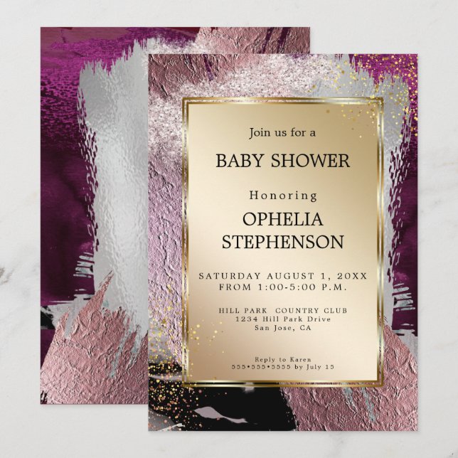Baby Shower | Metallic Guld Cassis Plum Abstrakt Inbjudningar (Fram/baksida)