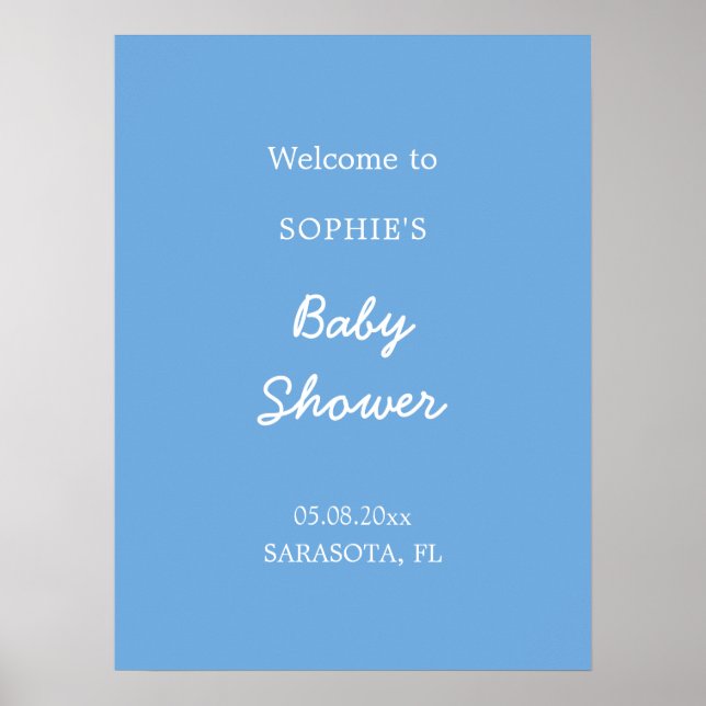 Baby Shower Minimalistisk Blå Välkomstaffisch Poster (Framsidan)