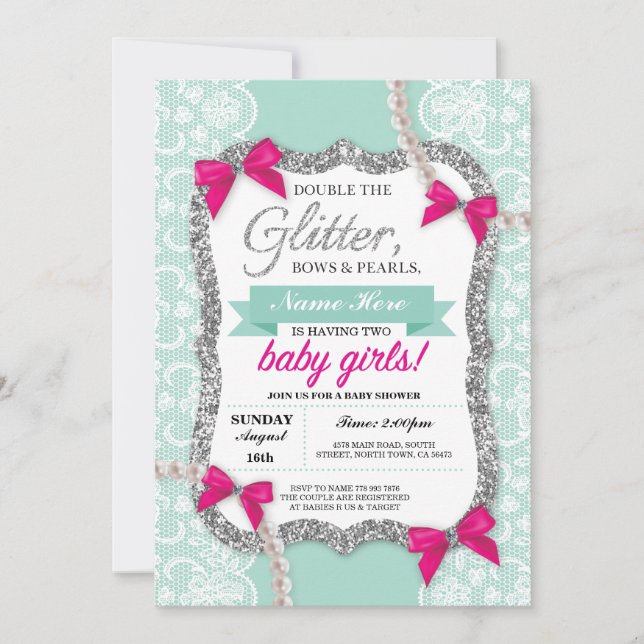 Baby Shower Mint Glitter Bow Twillingars Girls Inb Inbjudningar (Framsida)