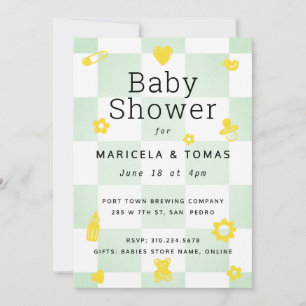 Baby Shower Mint Grönt and Gult Checker Inbjudningar