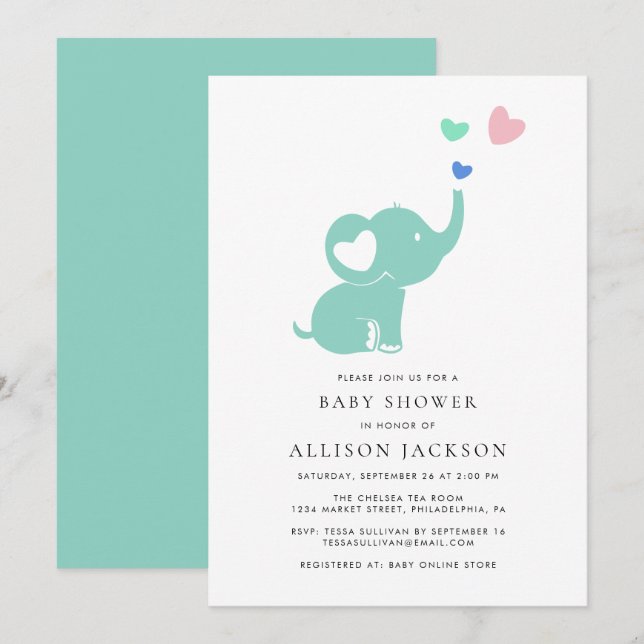 Baby Shower Mint Grönt Elephant Gender Neutral Inbjudningar (Fram/baksida)