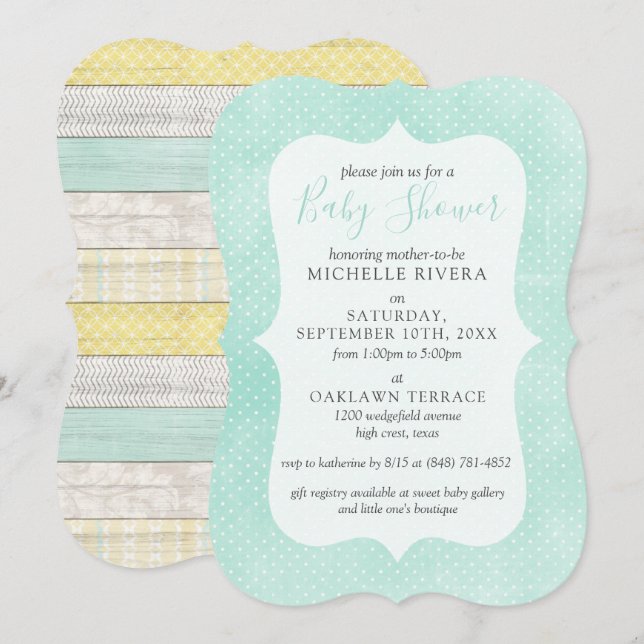 Baby Shower Mint Gult Rustic Wood Gender Neutral Inbjudningar (Fram/baksida)
